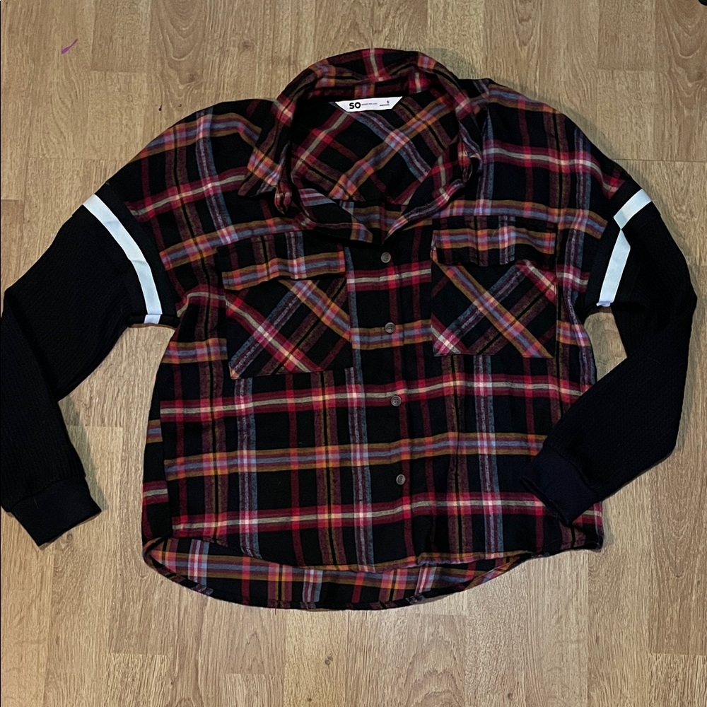 SO Plaid Button Down Shirt with Black Sleeves